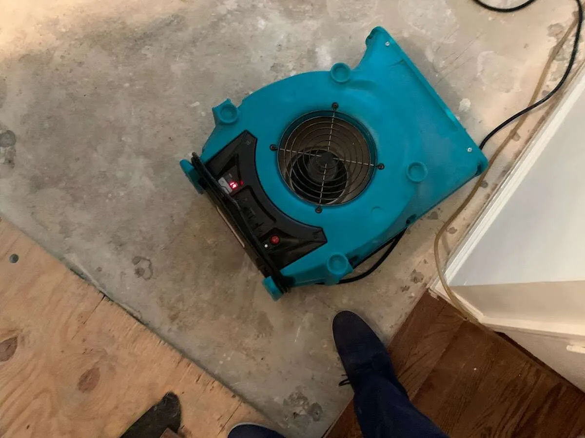 Air mover drying subfloor during Commercial Water Damage Restoration in Cascade